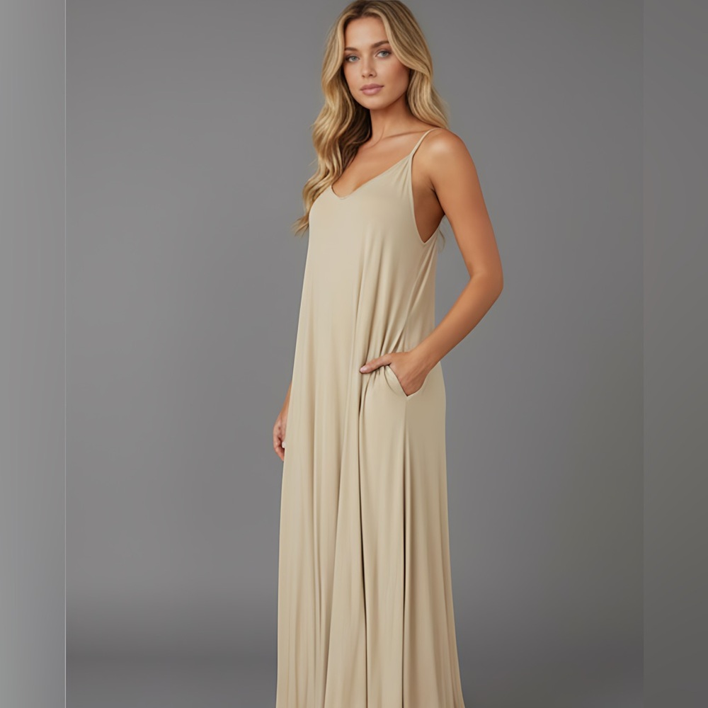 Beige Cami Dress With Pockets